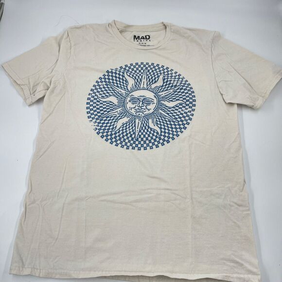 Sun Face Graphic MEDIUM Blue on Beige MAD ENGINE Brand T-Shirt EX Cond. - Picture 2 of 7
